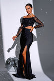 Black Mermaid Off the Shoulder Long Sleeves Formal Dress with Slit