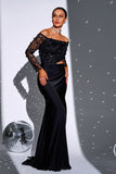 Black Mermaid Off the Shoulder Long Sleeves Formal Dress with Slit