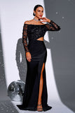 Black Mermaid Off the Shoulder Long Sleeves Formal Dress with Slit