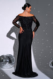 Black Mermaid Off the Shoulder Long Sleeves Formal Dress with Slit