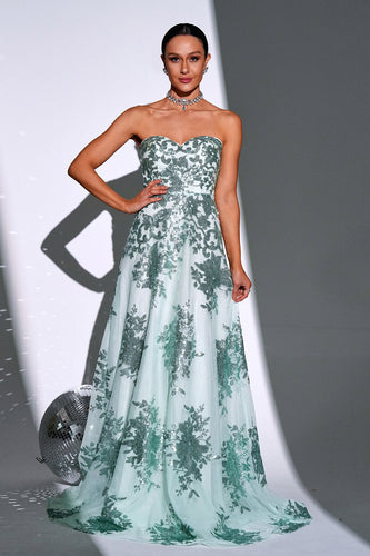 Sparkly Green A Line Sweetheart Long Formal Dress with Sequins