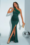 Green Mermaid One Shoulder Long Formal Dress with Slit