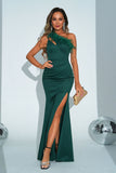 Green Mermaid One Shoulder Long Formal Dress with Slit