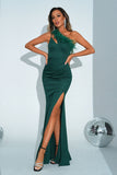 Green Mermaid One Shoulder Long Formal Dress with Slit