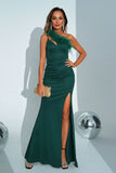 Green Mermaid One Shoulder Long Formal Dress with Slit