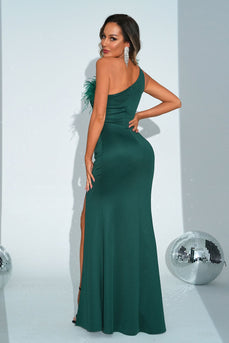Green Mermaid One Shoulder Long Formal Dress with Slit
