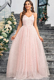 Sparkly Pink A Line Spaghetti Straps Long Formal Dress With Appliques