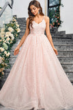 Sparkly Pink A Line Spaghetti Straps Long Formal Dress With Appliques