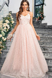 Sparkly Pink A Line Spaghetti Straps Long Formal Dress With Appliques