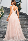 Sparkly Pink A Line Spaghetti Straps Long Formal Dress With Appliques