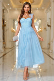 Sky Blue A Line Corset One Shoulder Formal Dress