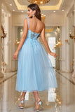 Sky Blue A Line Corset One Shoulder Formal Dress