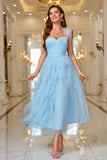 Sky Blue A Line Corset One Shoulder Formal Dress