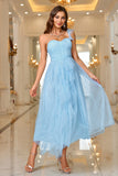 Sky Blue A Line Corset One Shoulder Formal Dress