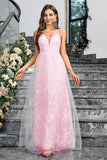 Sparkly Pink  A Line V-Neck Formal Dress