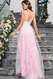 Sparkly Pink  A Line V-Neck Formal Dress