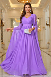 Purple A Line V Neck Long Sleeves Chiffon Formal Dress