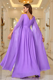 Purple A Line V Neck Long Sleeves Chiffon Formal Dress