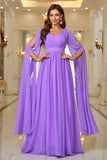 Purple A Line V Neck Long Sleeves Chiffon Formal Dress