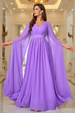 Purple A Line V Neck Long Sleeves Chiffon Formal Dress