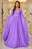 Purple A Line V Neck Long Sleeves Chiffon Formal Dress