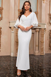 White Mermaid V Neck Long Formal Dress with Puff Sleeves