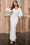 White Mermaid V Neck Long Formal Dress with Puff Sleeves