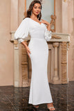 White Mermaid V Neck Long Formal Dress with Puff Sleeves