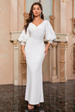 White Mermaid V Neck Long Formal Dress with Puff Sleeves