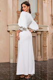 White Mermaid V Neck Long Formal Dress with Puff Sleeves