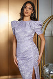 Light Purple Bodycon Puff Sleeves Pleated Long Formal Dress With Slit