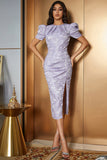 Light Purple Bodycon Puff Sleeves Pleated Long Formal Dress With Slit