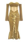 Khaki Bodycon Sweetheart Velvet Corset Ruffled Formal Dress with Long Sleeves