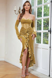 Khaki Bodycon Sweetheart Velvet Corset Ruffled Formal Dress with Long Sleeves