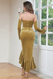 Khaki Bodycon Sweetheart Velvet Corset Ruffled Formal Dress with Long Sleeves