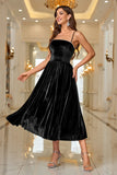 Black Velvet A Line Spaghetti Straps Tea Length Formal Dress