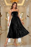 Black Velvet A Line Spaghetti Straps Tea Length Formal Dress