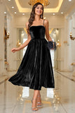 Black Velvet A Line Spaghetti Straps Tea Length Formal Dress