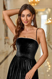 Black Velvet A Line Spaghetti Straps Tea Length Formal Dress