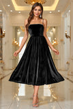 Black Velvet A Line Spaghetti Straps Tea Length Formal Dress