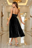 Black Velvet A Line Spaghetti Straps Tea Length Formal Dress