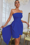 Blue Bodycon Strapless Solid Asymmetrical Cocktail Dress