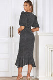 Black Bodycon V Neck Polka Dot Ruched Formal Dress with Puff Sleeves