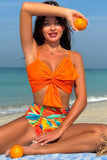 Orange Beach Vacation Tropical Plant Print Front Knot Bikini Set