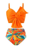 Orange Beach Vacation Tropical Plant Print Front Knot Bikini Set