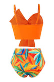 Orange Beach Vacation Tropical Plant Print Front Knot Bikini Set