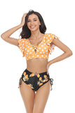 Orange and White Polka Dots Printed Two Piece Swimsuit with Ruffle Sleeve