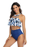 Floral and Plain Halter Falbala High Waist Two Piece Bikini Set Swimsuit