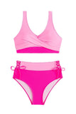 Pink Fuchsia Color Block High Waisted Twist Front Two Piece Swimsuits