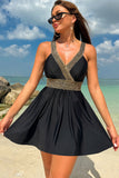 Black Color Block Tankini Set Stitched Detail Swimsuit